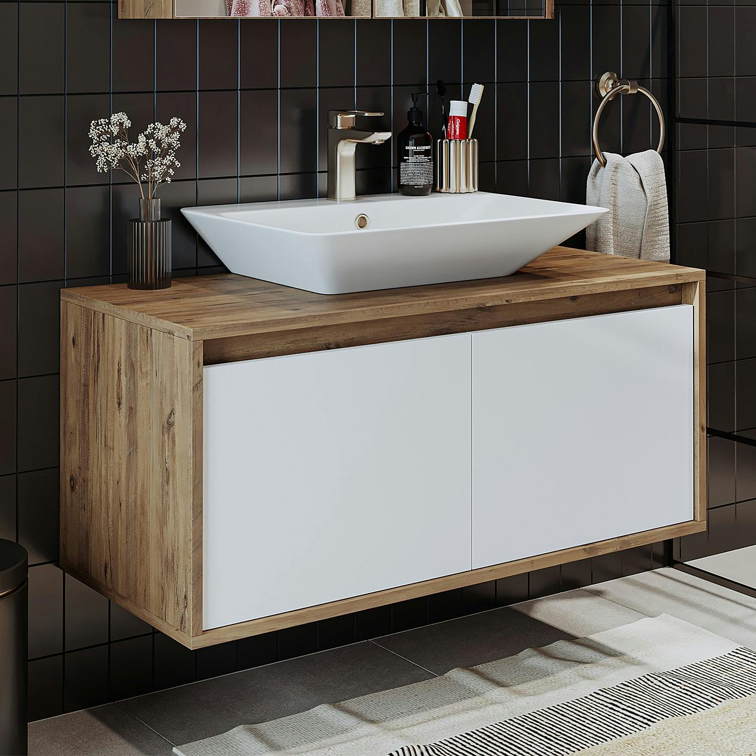 Meuble vasque suspendu décor pin et blanc 2 portes FLOE