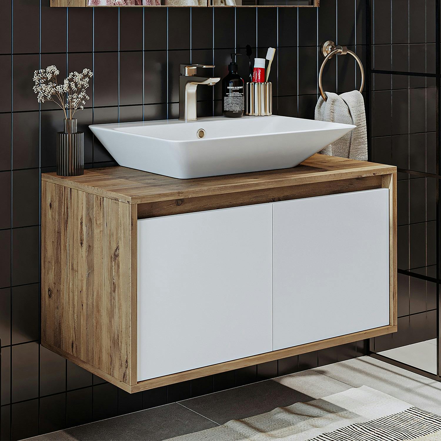 Meuble vasque suspendu décor pin et blanc VIVE