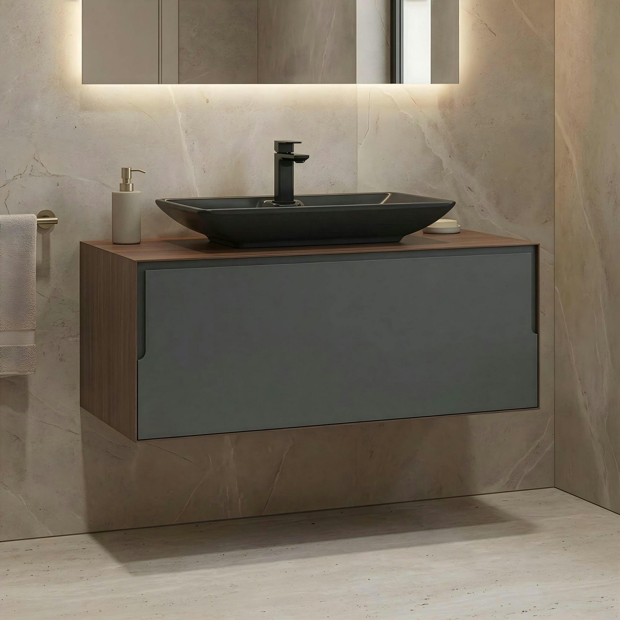 Meuble vasque suspendu gris 100 cm décor noyer et anthracite 2 tiroirs RIA