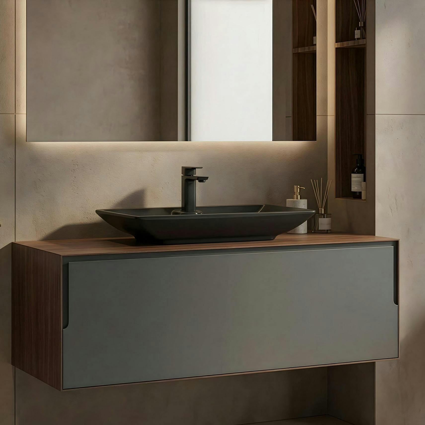 Meuble vasque suspendu gris 120 cm décor noyer et anthracite 2 tiroirs RIA