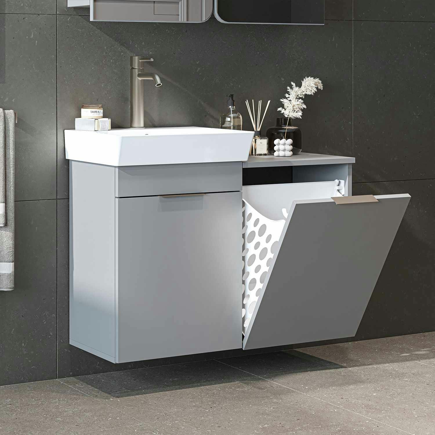 Meuble vasque suspendu gris avec panier à linge NESSA