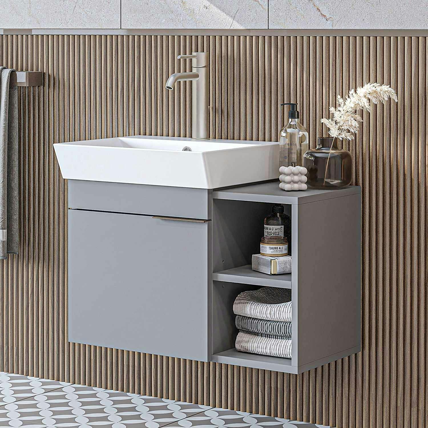Meuble vasque suspendu gris clair 1 porte 2 niches NORIA