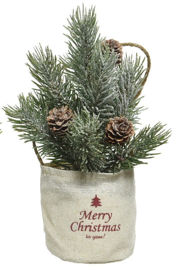 Mini sapin enneigé dans sac coton Merry Chrstmas