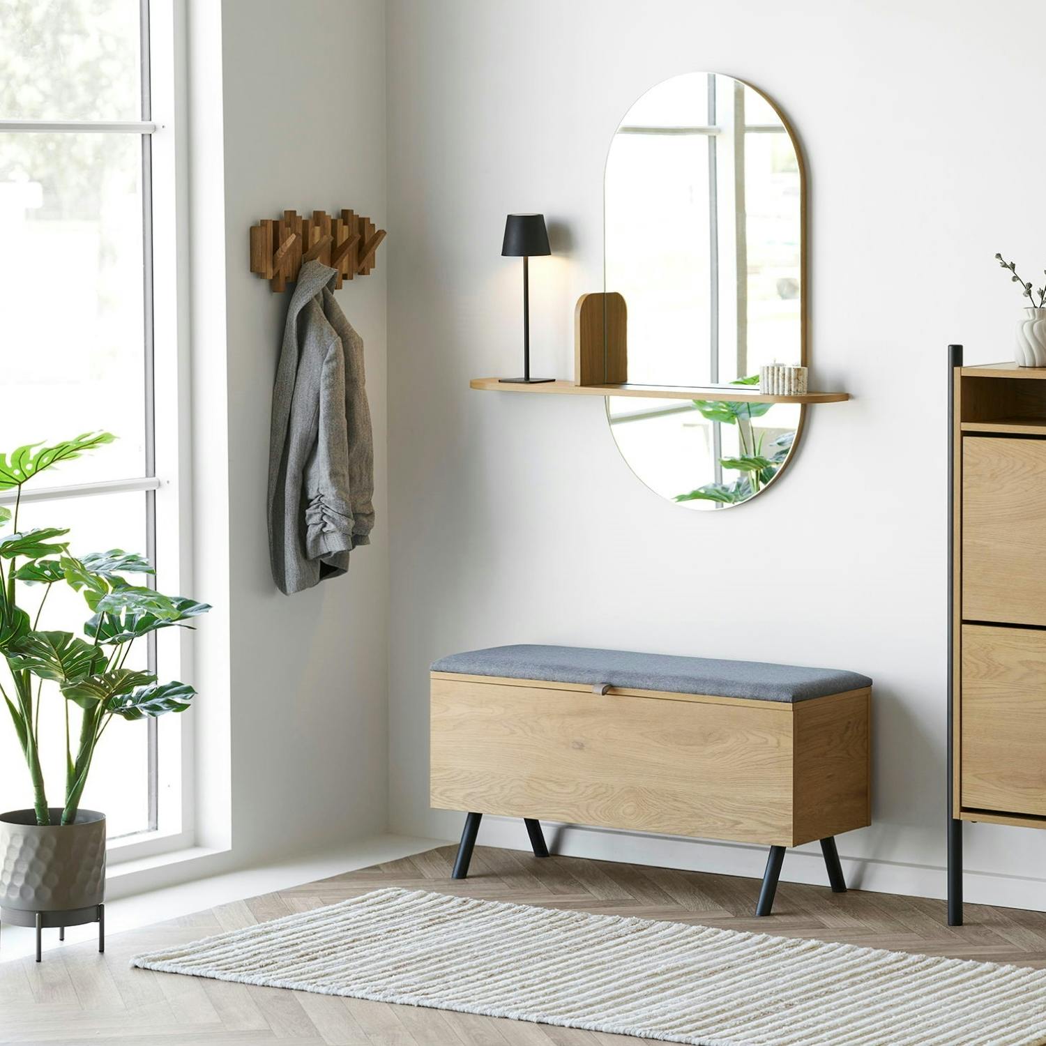 Miroir d'entrée avec étagère décor bois clair SEOUL