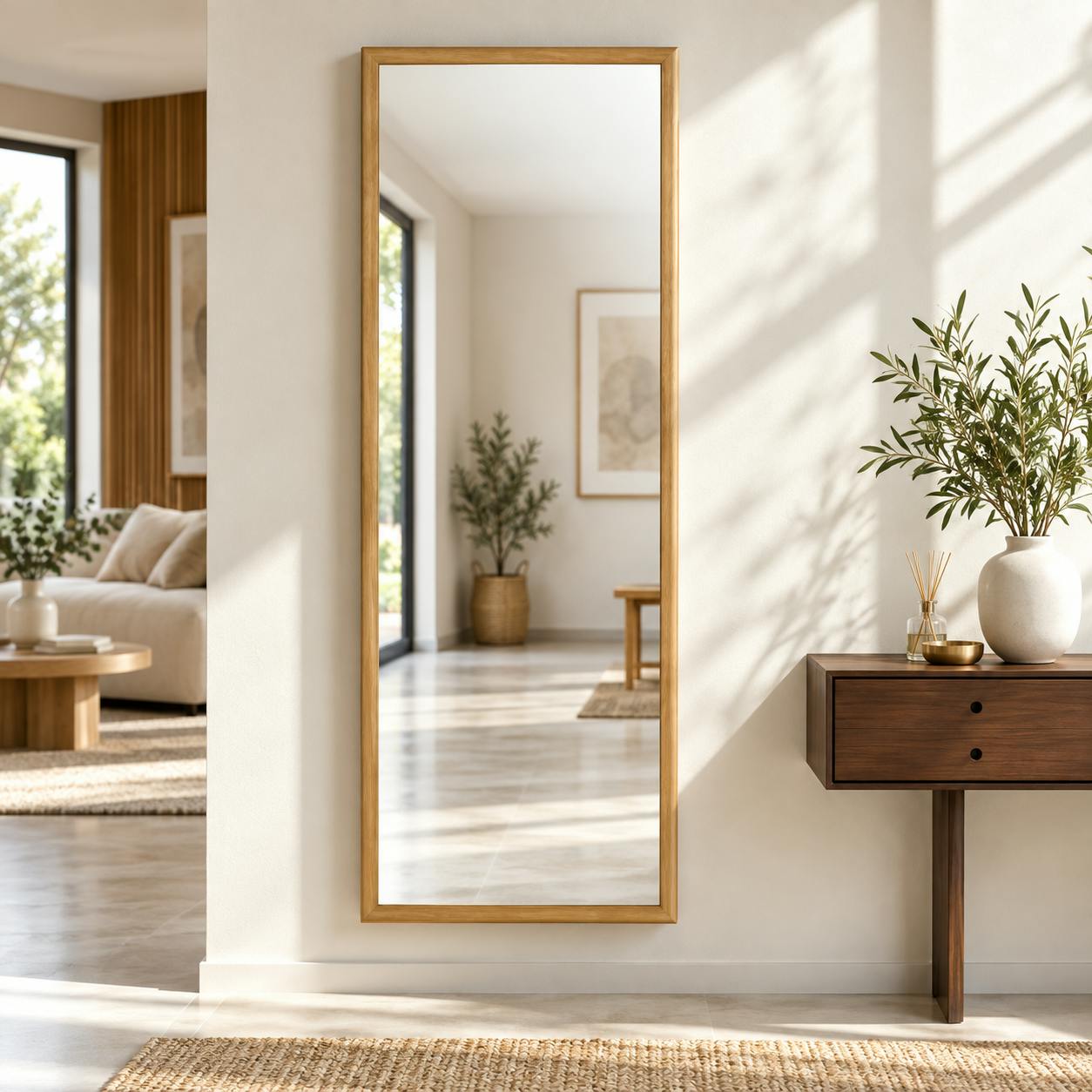 Miroir d'entrée vertical - cadre bois clair 140 cm IENA