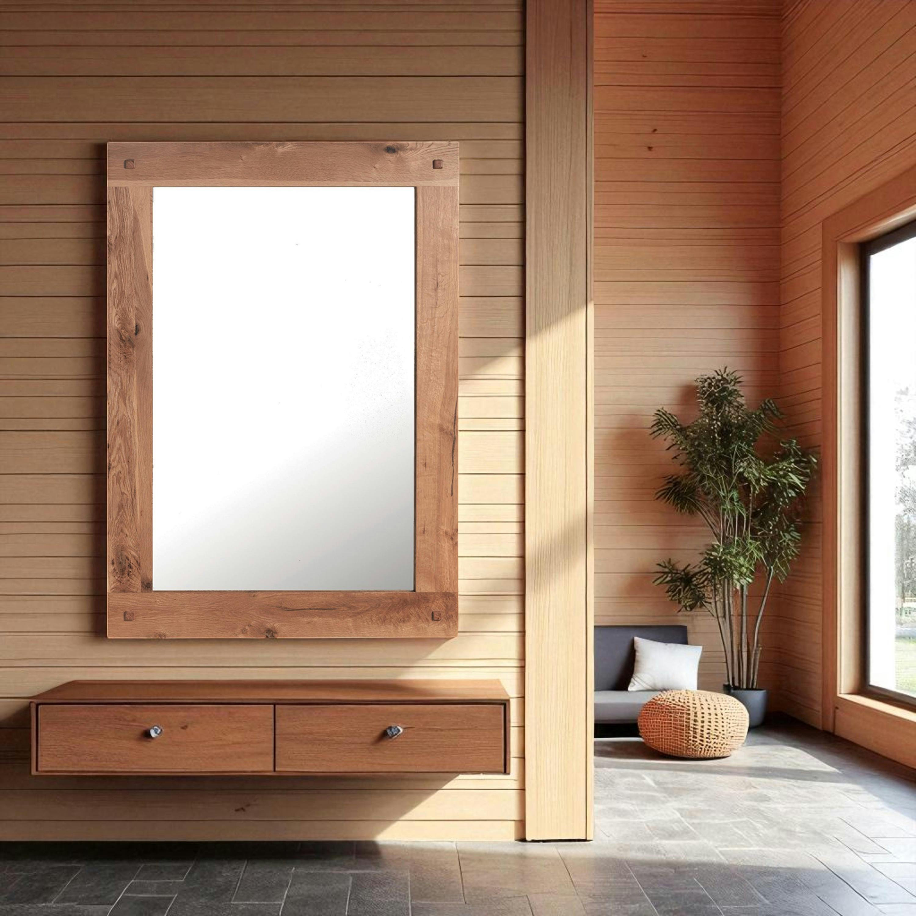 Miroir mural en bois naturel avec cadre épais - 110 cm FJORD