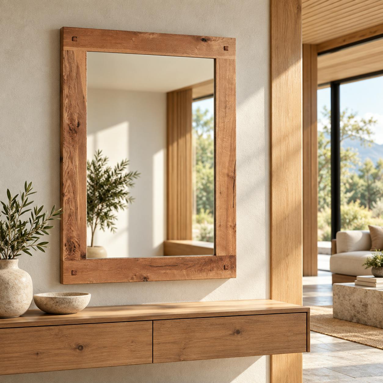 Miroir mural en bois naturel avec cadre épais - 110 cm FJORD
