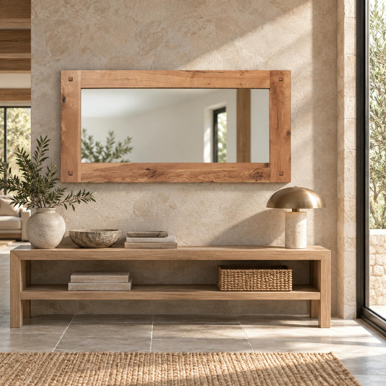 Miroir mural en bois naturel avec cadre épais - 150 cm FJORD