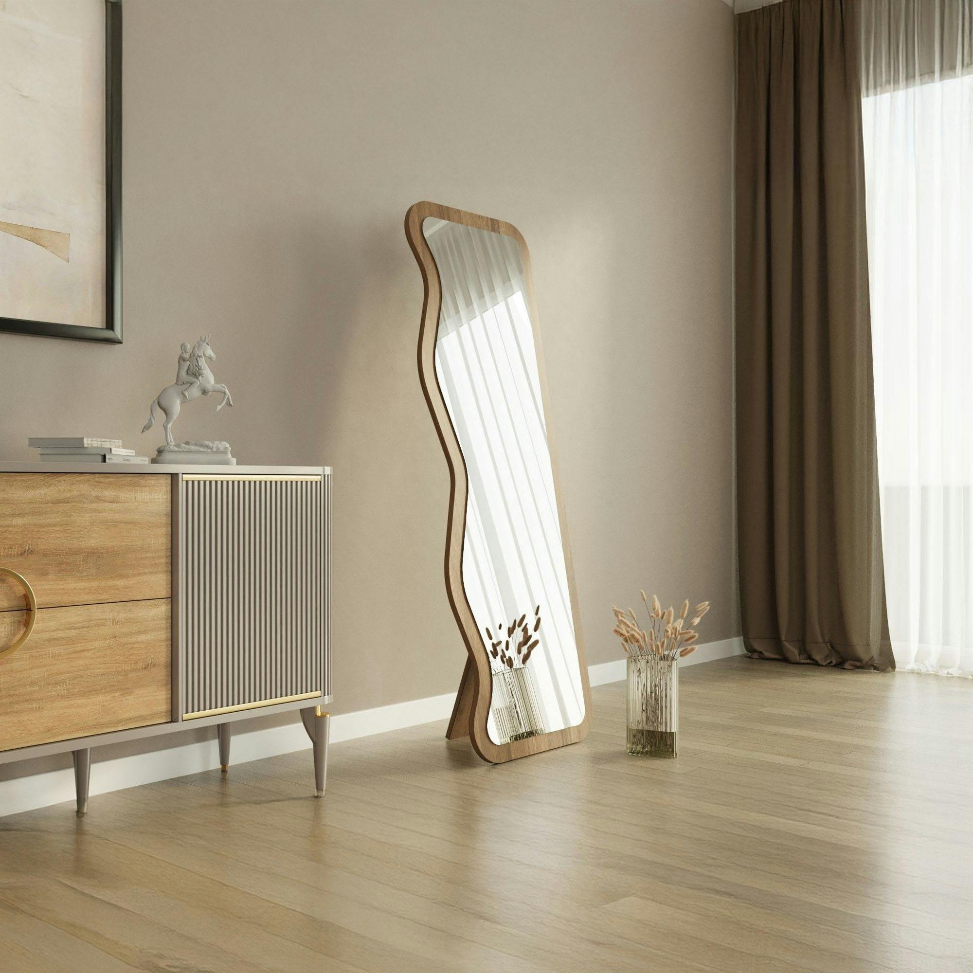 Miroir plein pied moderne 160 cm - ondulations effet noyer CODY