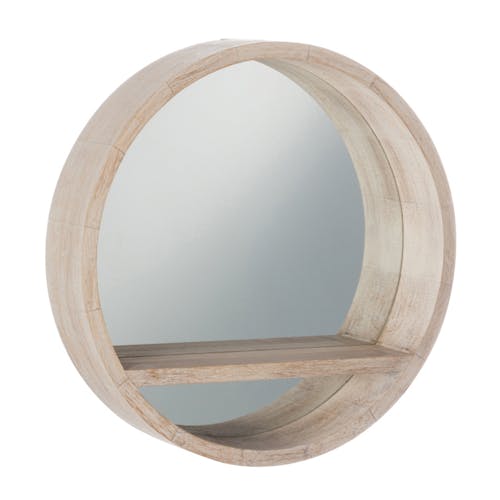 Miroir rond, contour et tablette en bois blanchi D50cm