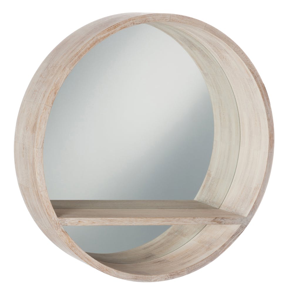 Miroir rond, contour et tablette en bois blanchi D70cm