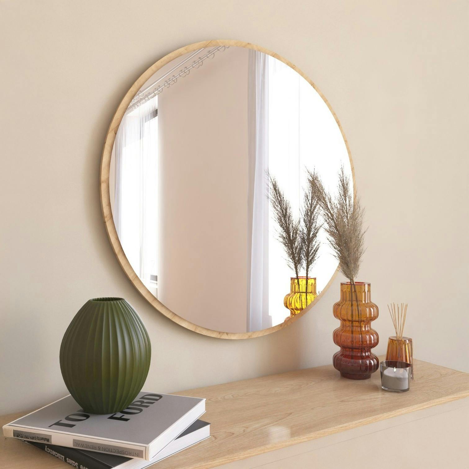 Miroir rond moderne avec cadre effet bois clairØ60 cm CODY