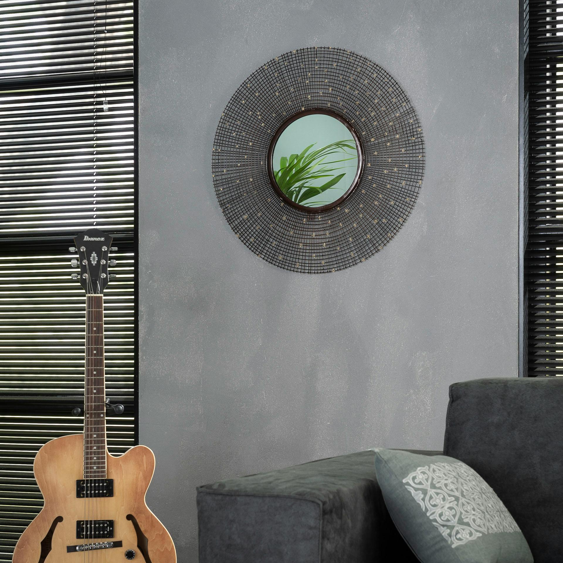 Miroir soleil contemporain rond moucheté cuivre