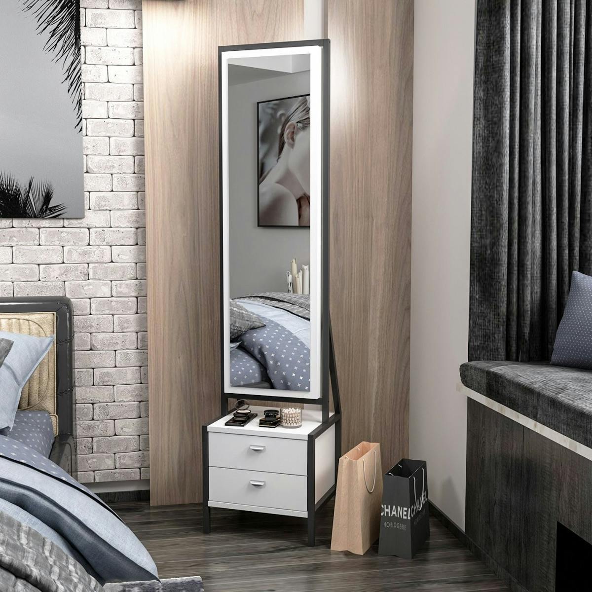 Miroir sur pied avec rangement bijoux maquillage CODY