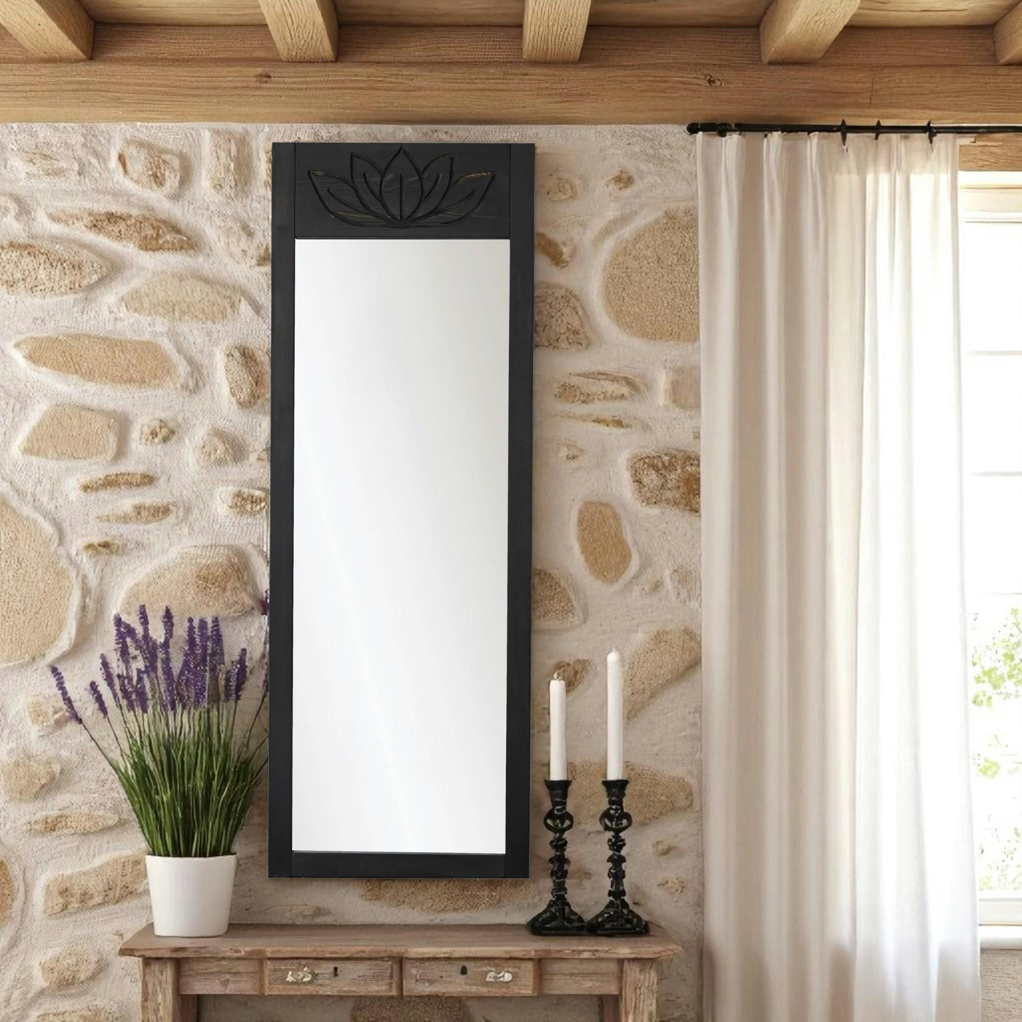 Miroir vertical en bois gris foncé - motif lotus HILO