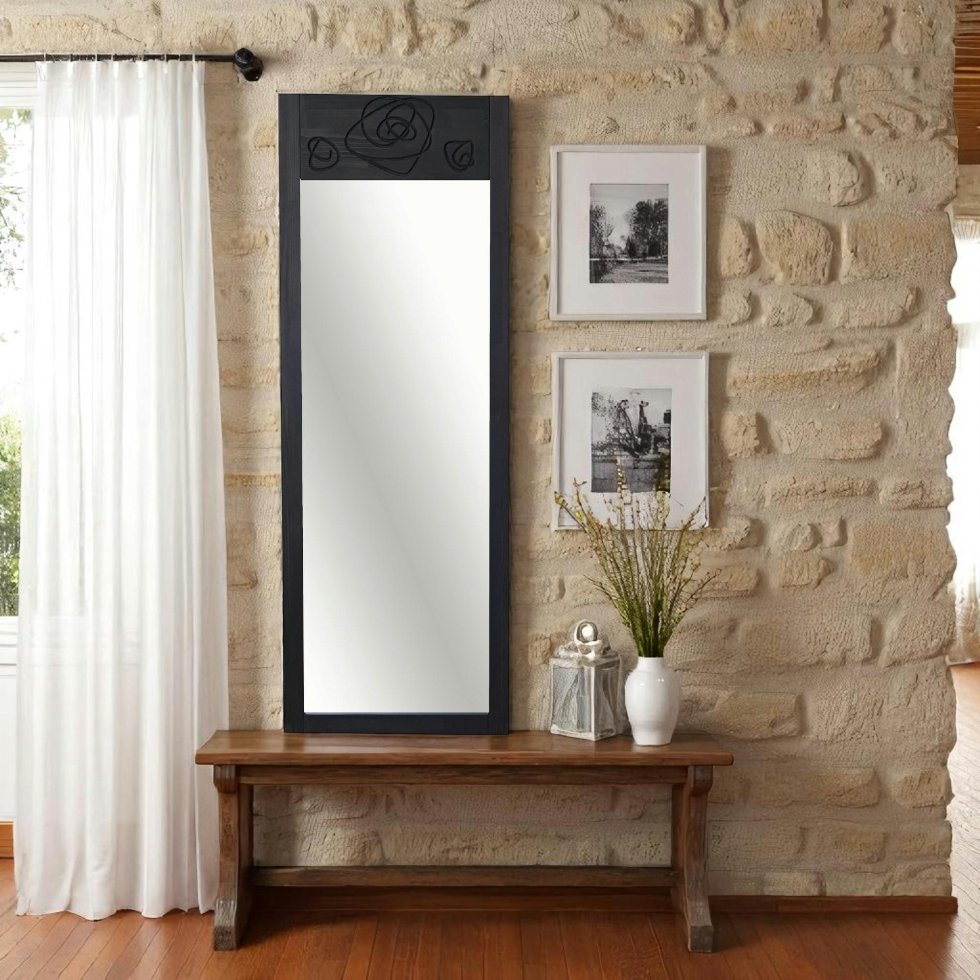 Miroir vertical en bois gris foncé - motif rose HILO