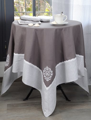 Nappe rectangle gris décor romantique brodé 150x250cm 100% coton MELINE