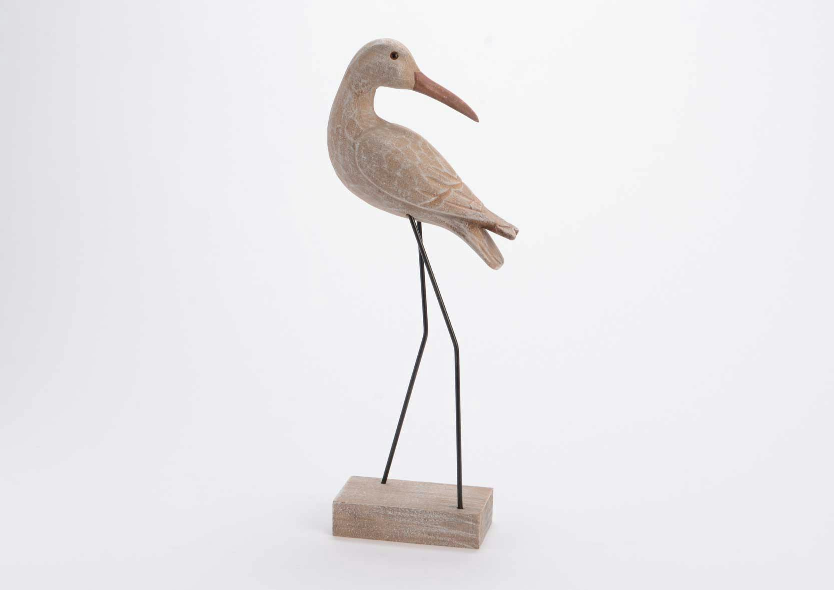 Oiseau échassier bois blanchi avec pattes métal sur socle 14x6x38cm