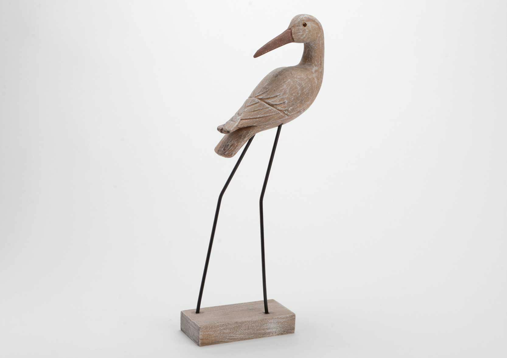 Oiseau échassier bois blanchi avec pattes métal sur socle 17x7x46cm