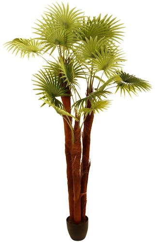 Palmier multi tiges en pot rond noir larges feuilles dentelées tissu polyester H180cm