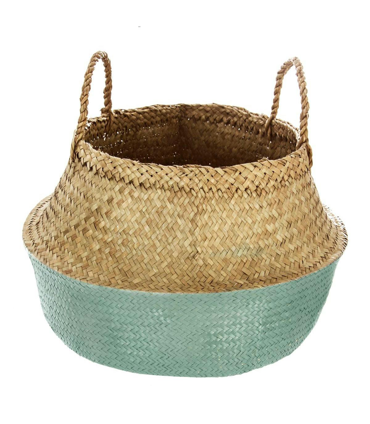 Panier à anses en roseau bicolore tons bleus M3