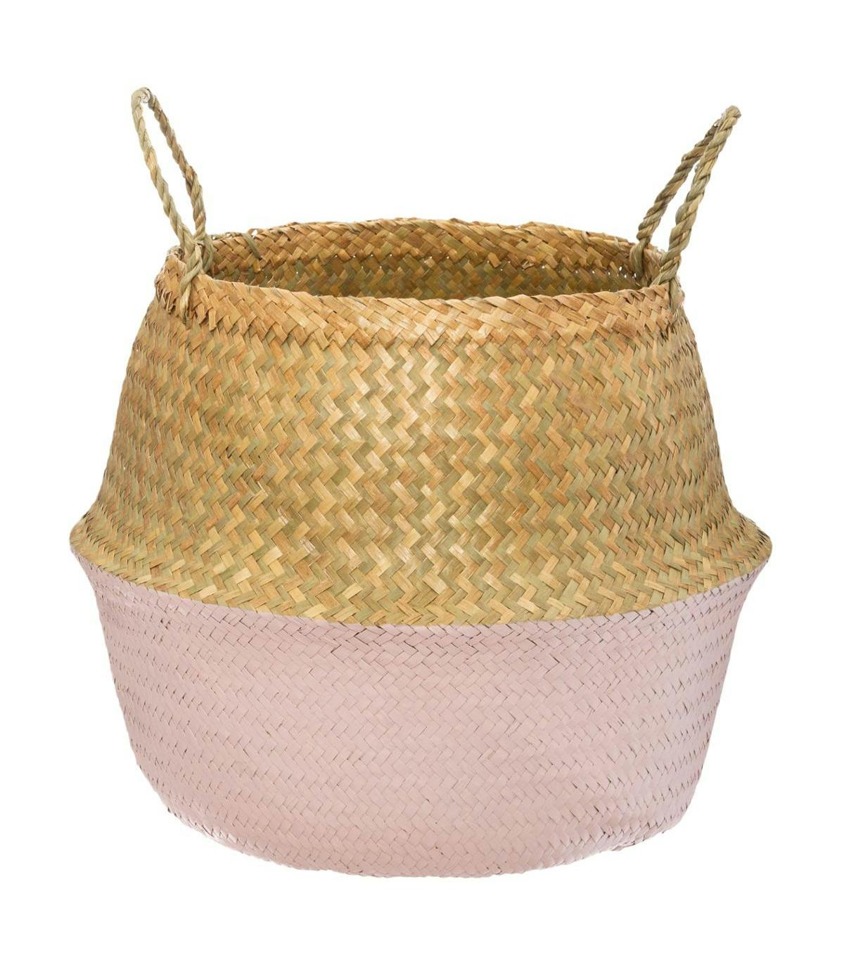 Panier à anses en roseau bicolore tons rose M1