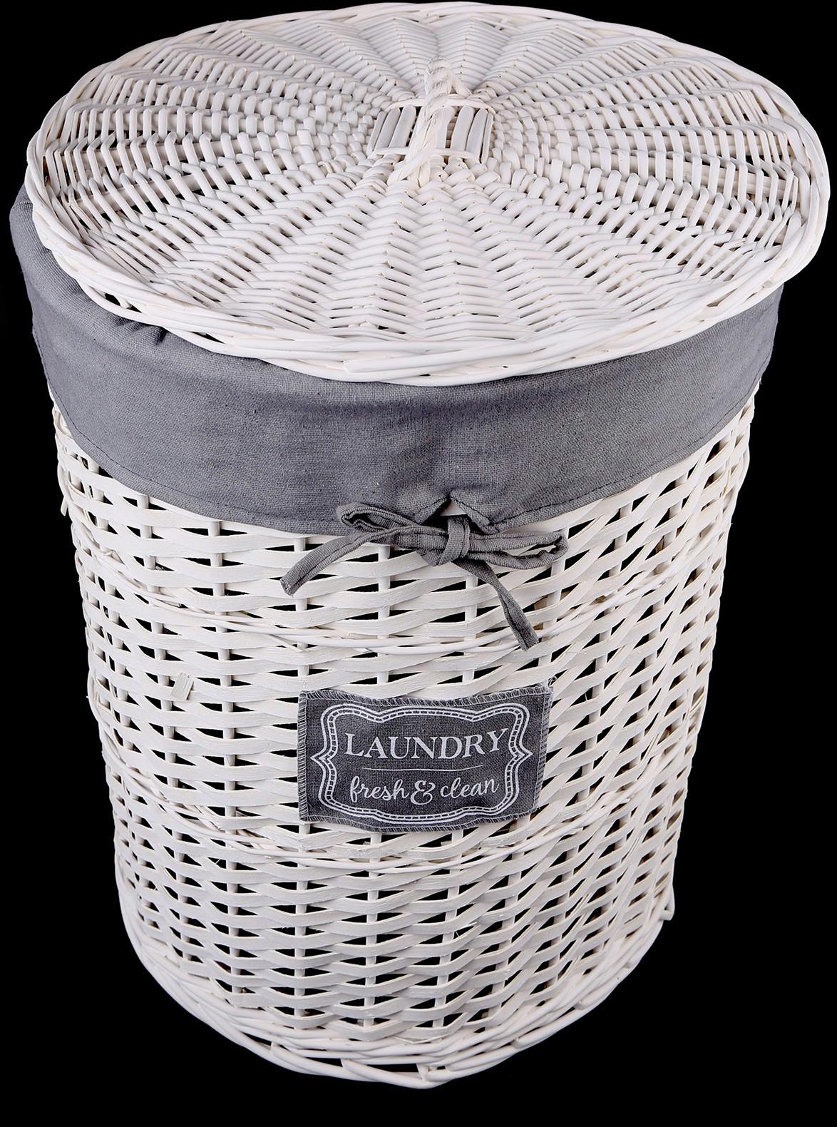 Panier à linge en osier tressé clair et tissu gris H48cm