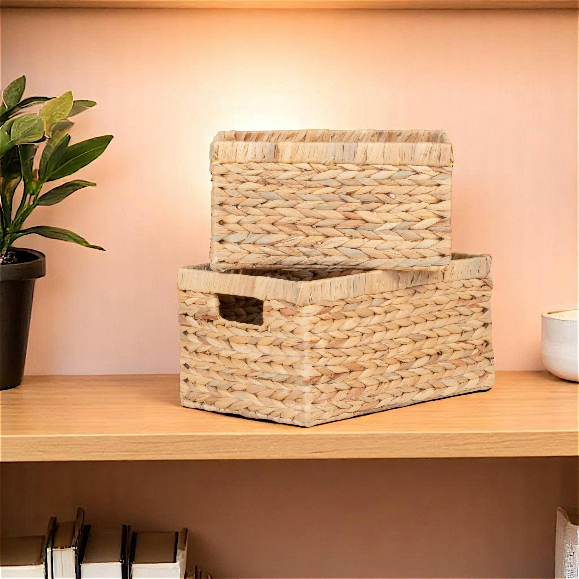 Panier de rangement déco en jacinthe d'eau avec poignées (lot de 2)