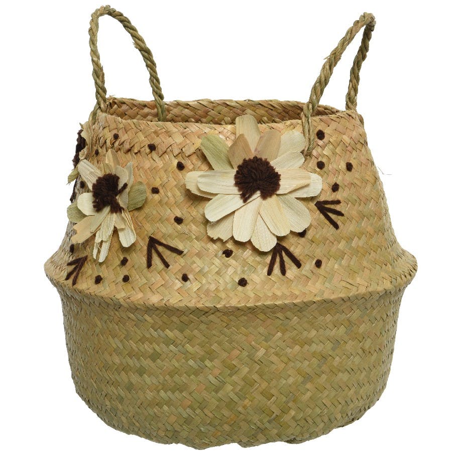 Panier de rangement en algue avec motif fleur blanche