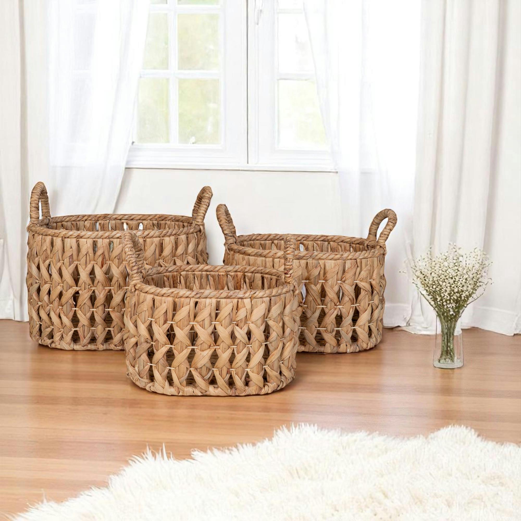 Panier de rangement en jacinthe d'eau, motif tresse (lot de 3)