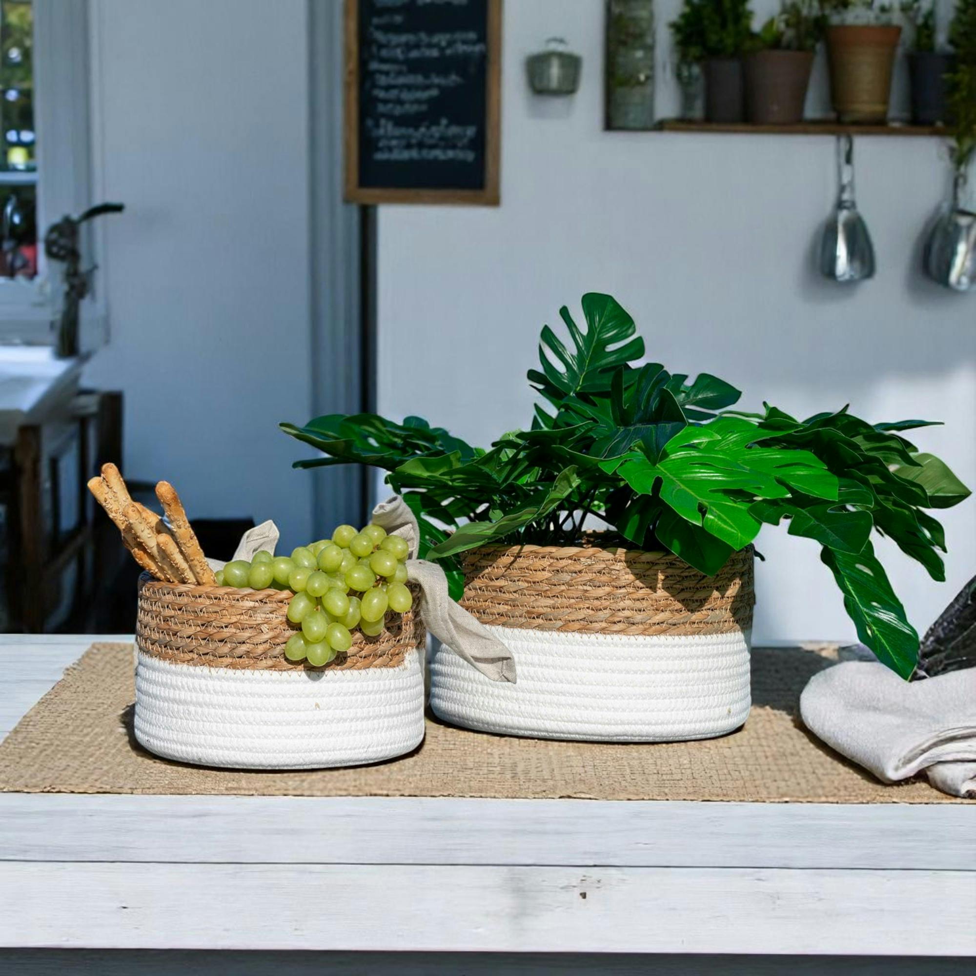 Panier de rangement rond en coton et fibre naturelle tressée (lot de 2)