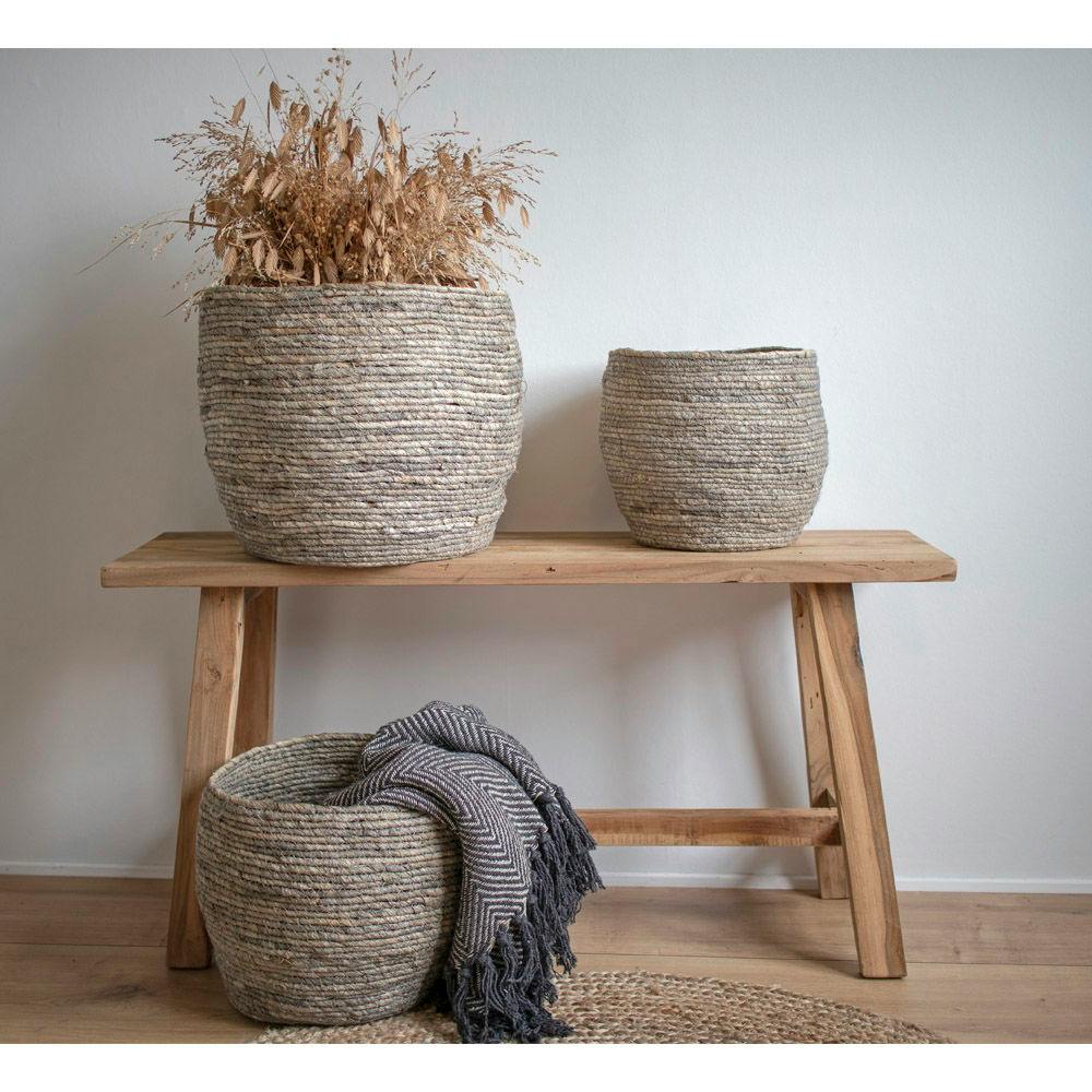 Panier de rangement rond en fibre de maïs, couleur grise (lot de 3)
