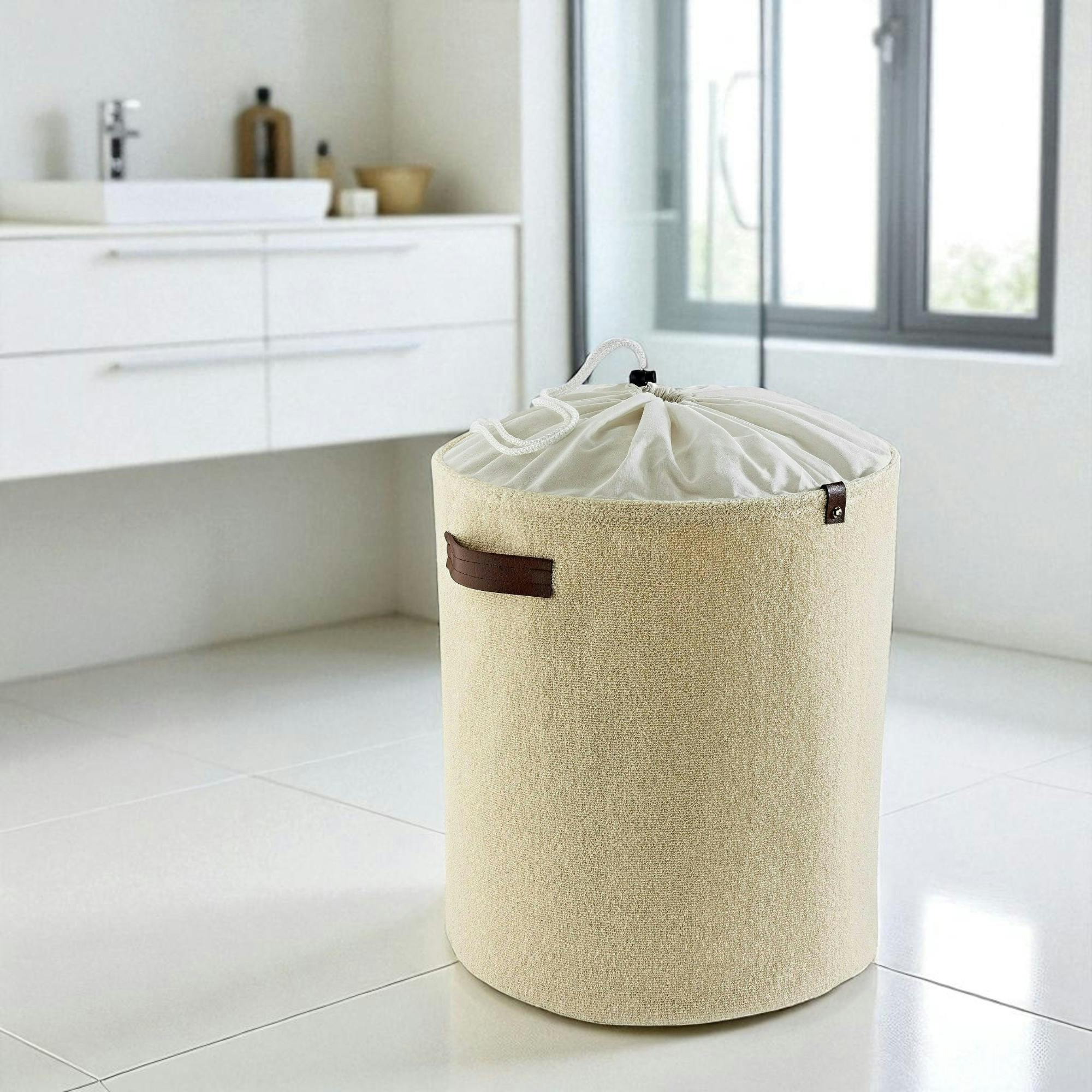 Panier de rangement rond tissu éponge beige – avec fermeture