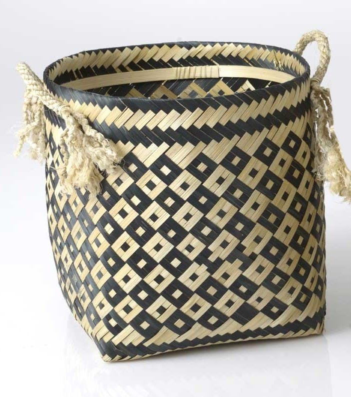 Panier déco grand modèle en bambou naturel et noir avec anses en corde 38x40x40cm