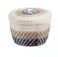 Panier rond avec couvercle en rotin naturel blanc et bleu D28xH18cm