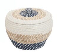 Panier rond avec couvercle en rotin naturel blanc et bleu D39xH29cm