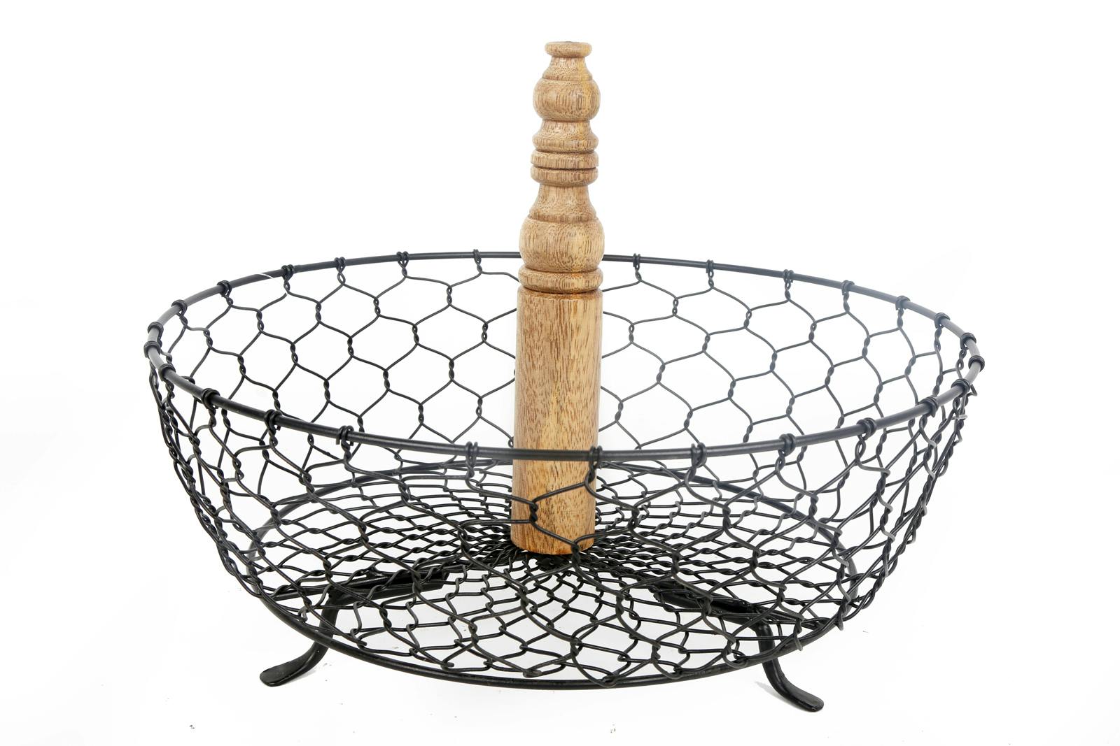 Panier rond en fil de fer et bois D30cm
