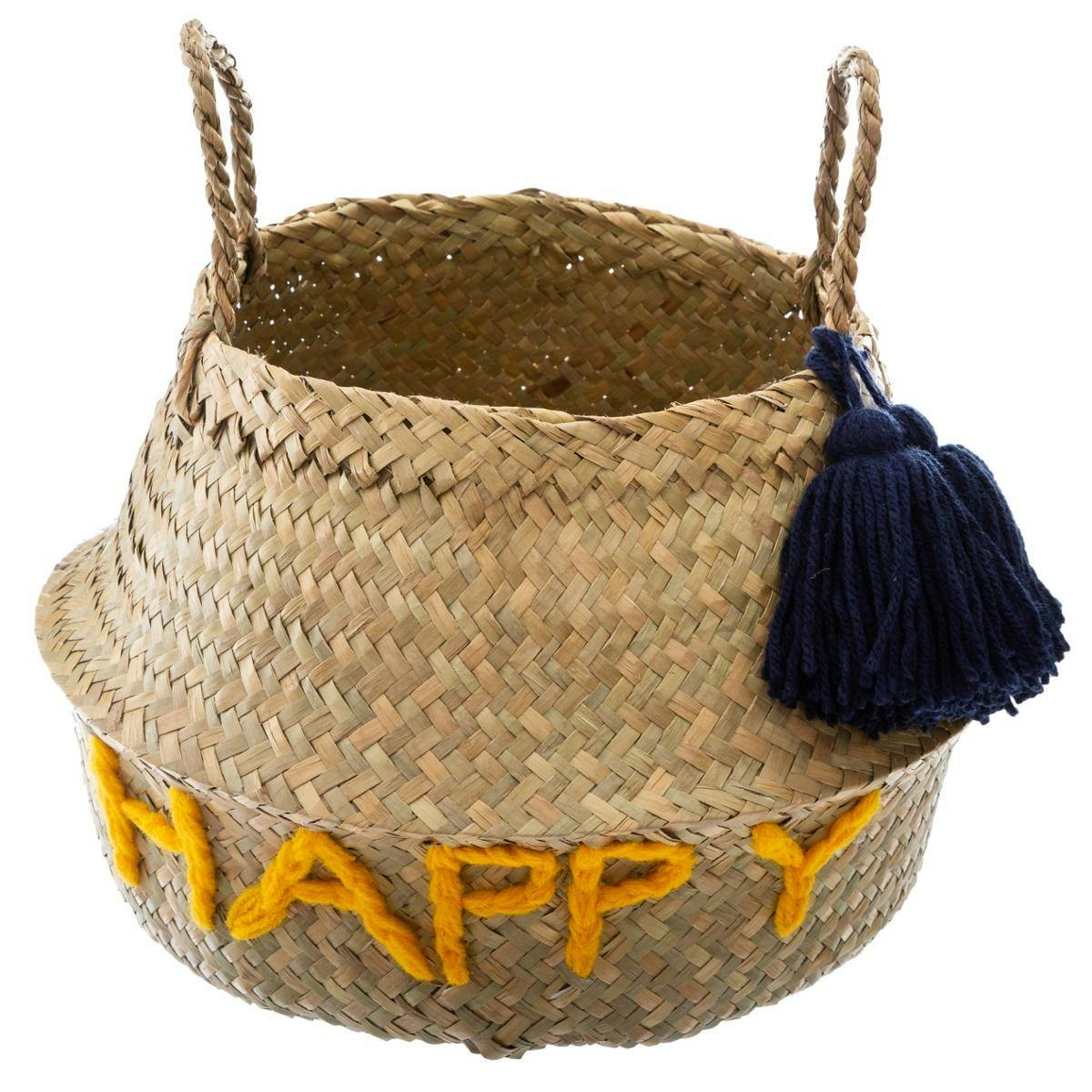 Panier rond en osier décor "Happy" jaune