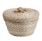 Panier rond évasé en rotin naturel et blanc avec anse corde D22xH14cm