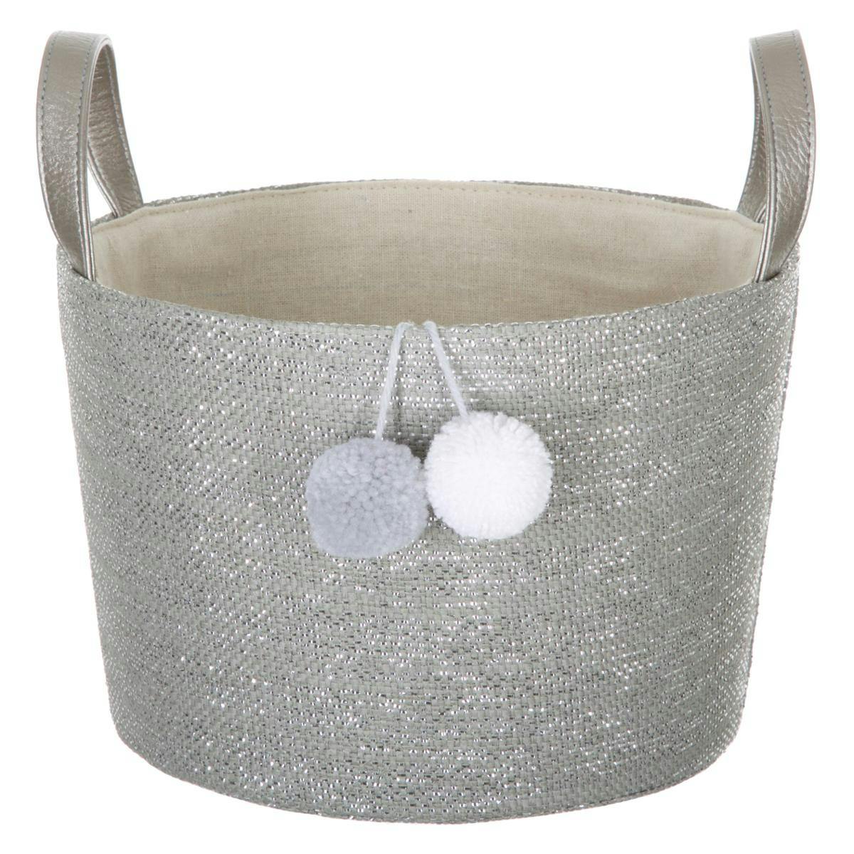 Panier rond gris argenté à anses avec pompons