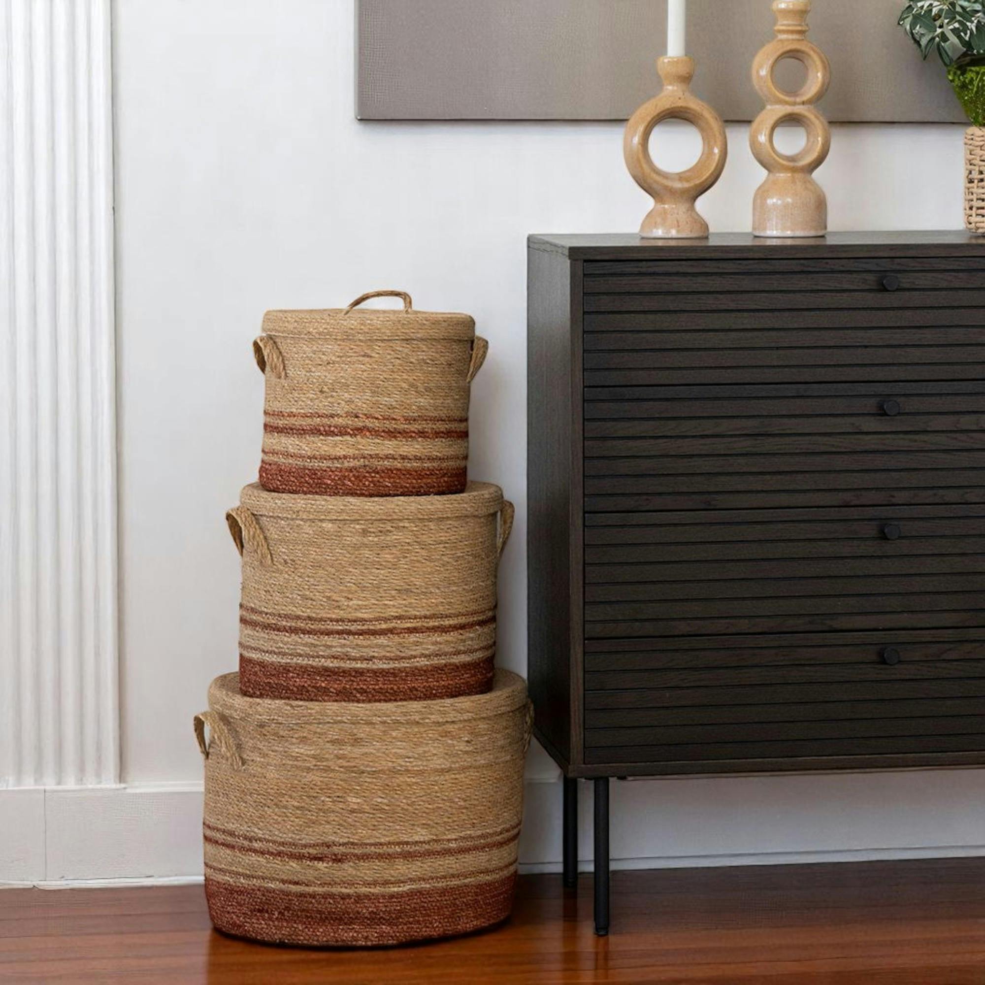 Panier tressé en jonc de mer pour rangement maison, tons bruns (lot de 3)