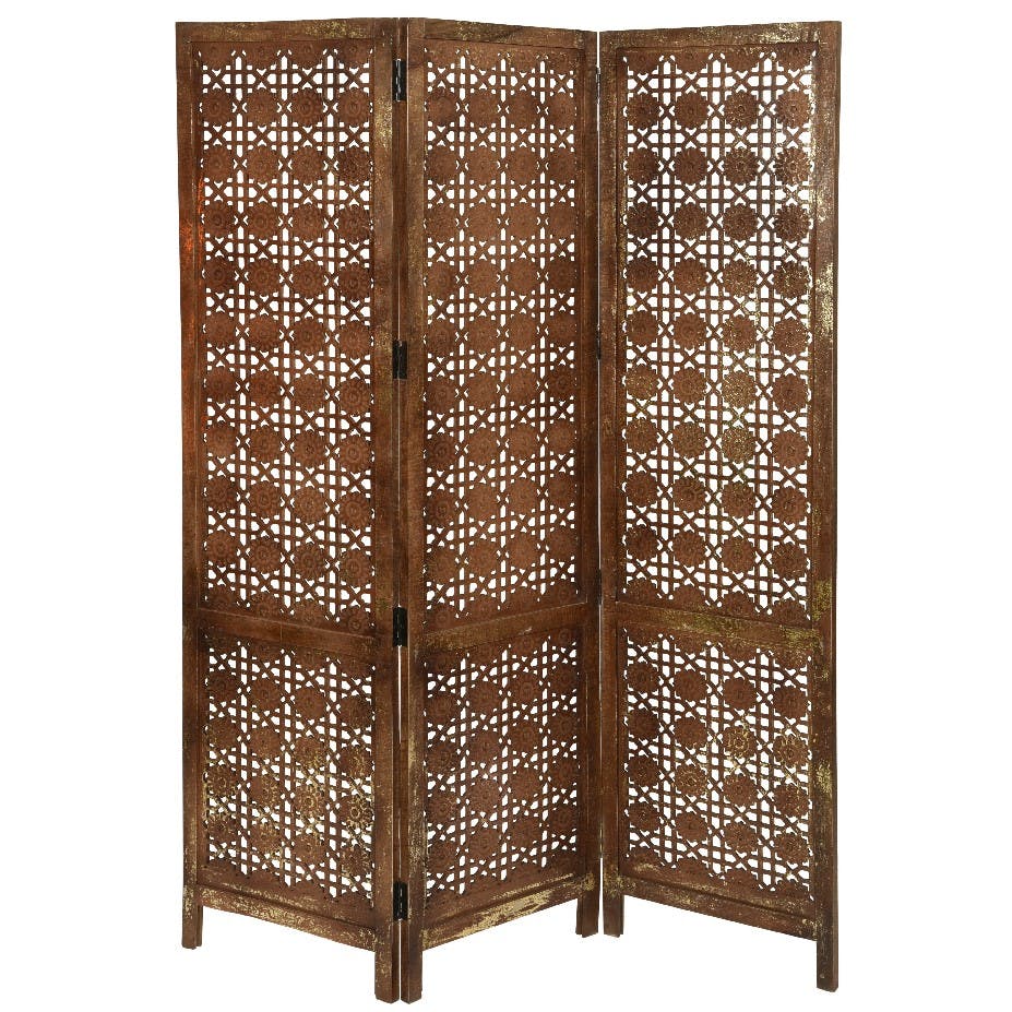 Paravent 3 volets ajouré en bois de manguier brun