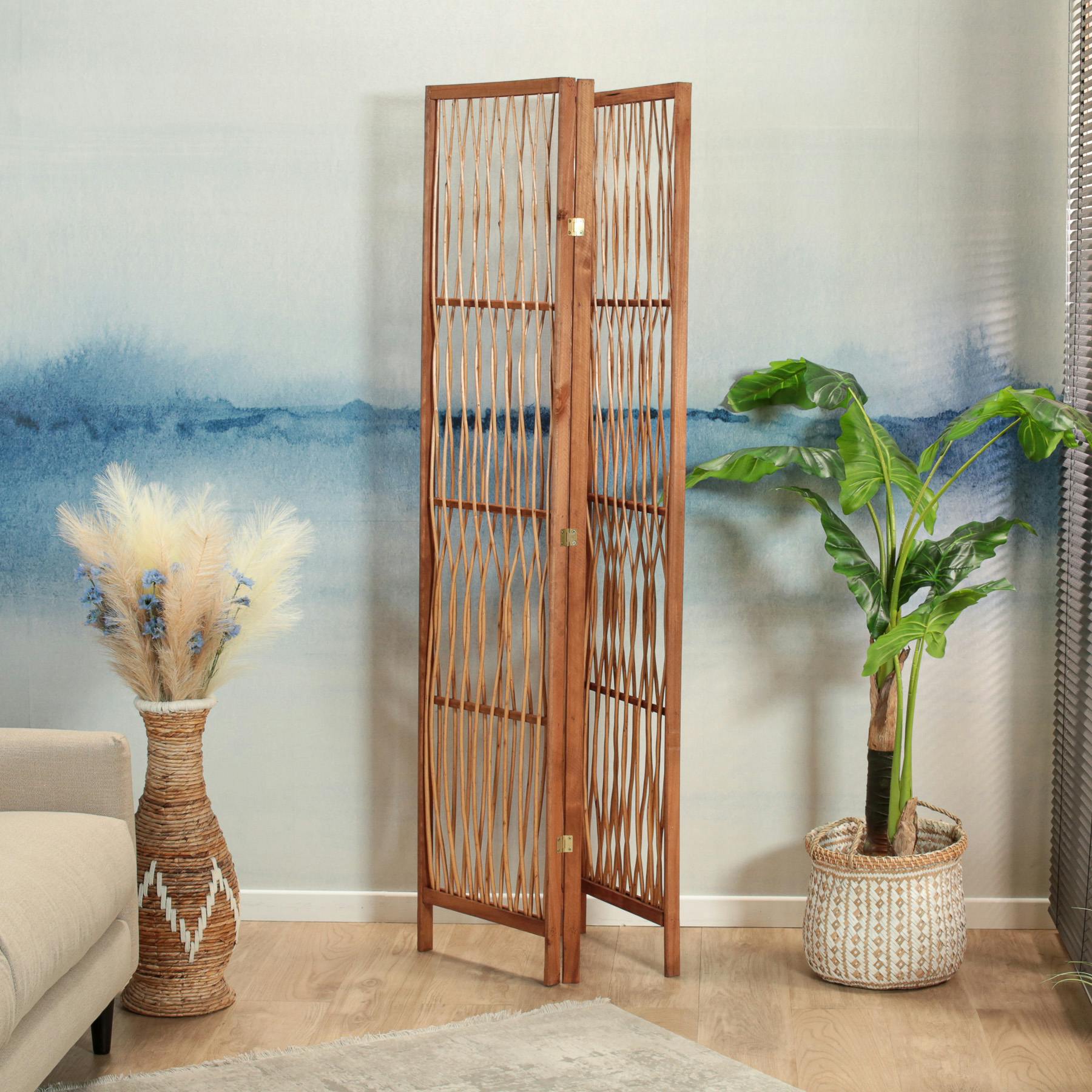 Séparateur Pièce Bois Paravent Cottage DESIGN DELIGHTS 170cm - Branches Saule - 3 Panneaux Cloison Amovible Sans Percage