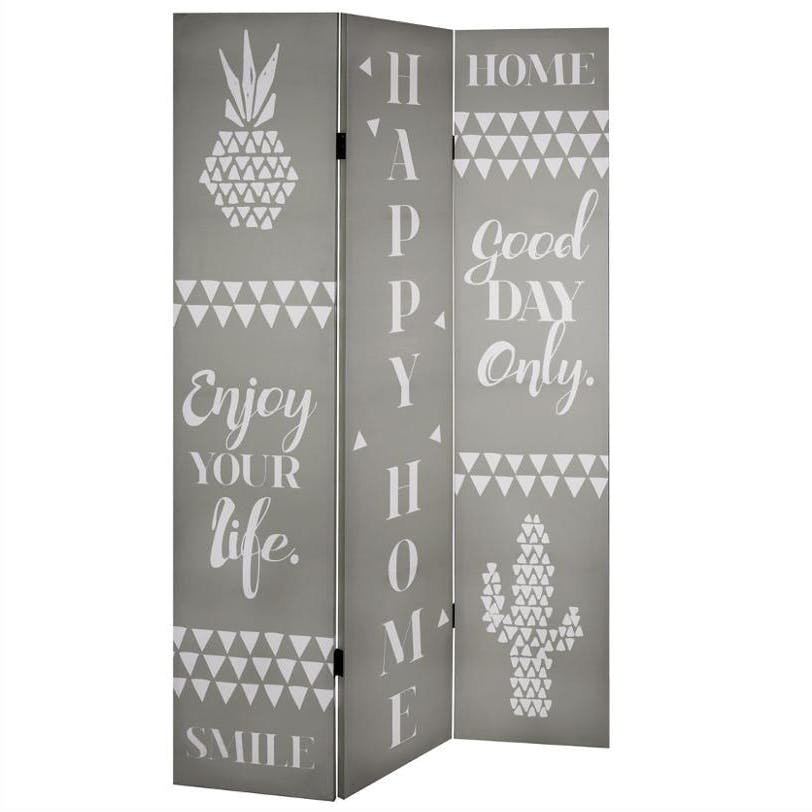Paravent "Happy Home" gris décor ananas cactus 120x180cm