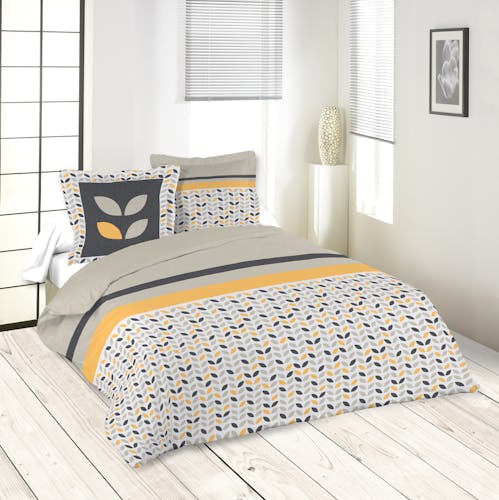 Parure de lit à motifs jaunes et gris et bandeaux 220x240 housse de couette + 2 taies 63x63 100% coton PEPA