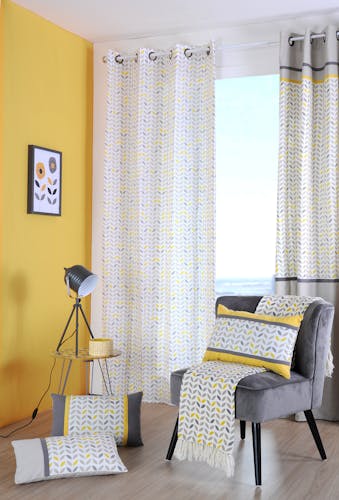 Parure de lit à motifs jaunes et gris et bandeaux 220x240 housse de couette + 2 taies 63x63 100% coton PEPA