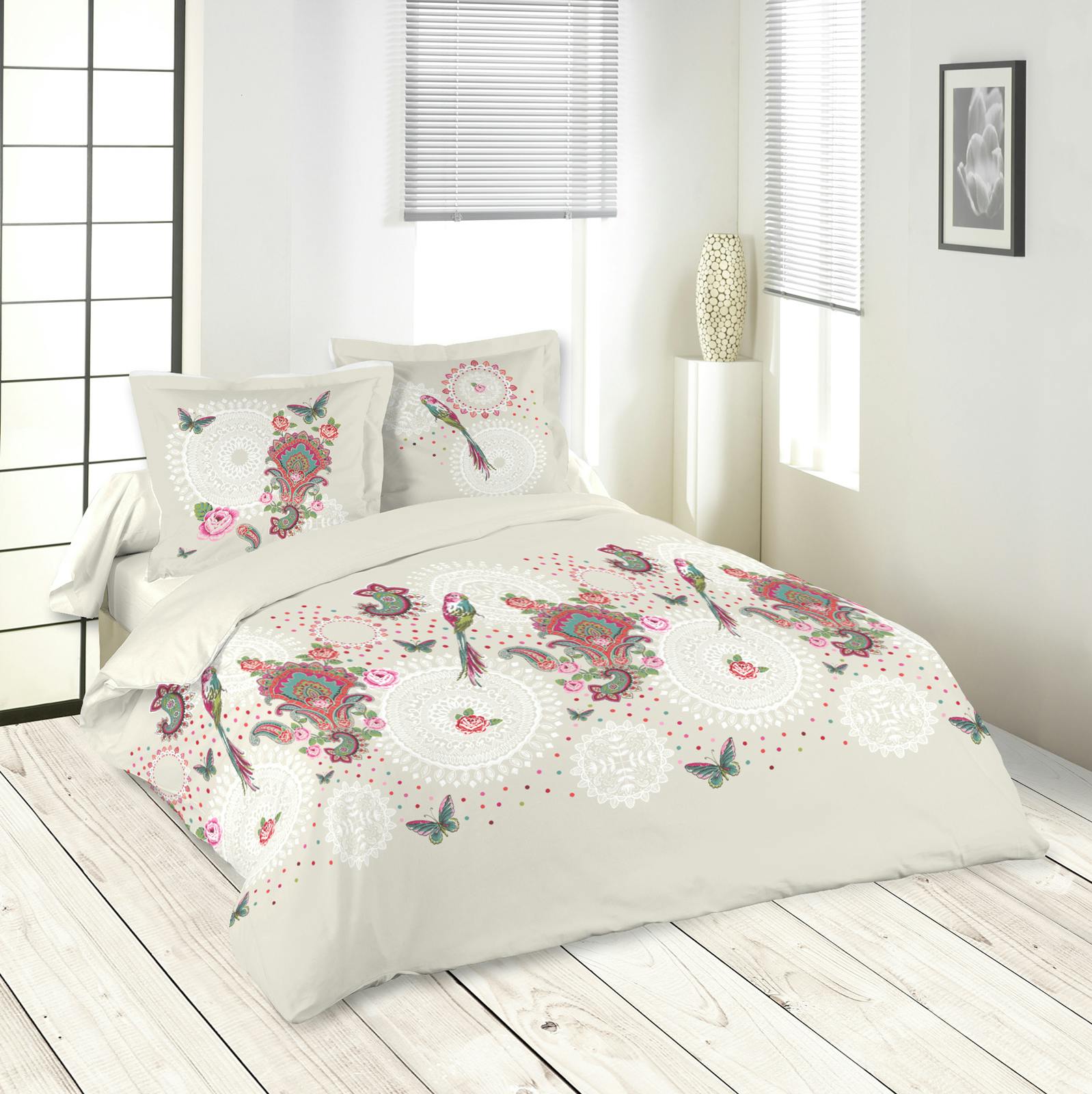 Parure de lit beige motifs florals colorés 260x240 + 2 taies 63x63 100% coton GIULIA