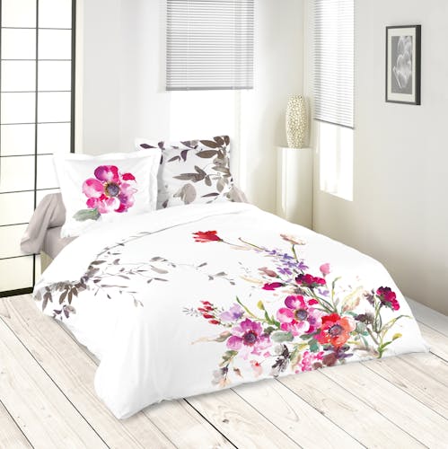 Parure de lit blanche décor floral 260x240 housse de couette + 2 taies 63x63 100% coton BOURRACHE