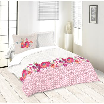 Parure de lit décor floral fuschia et écru 260x240 housse de couette + 2 taies 63x63 100% coton LOLITA FUSCHIA