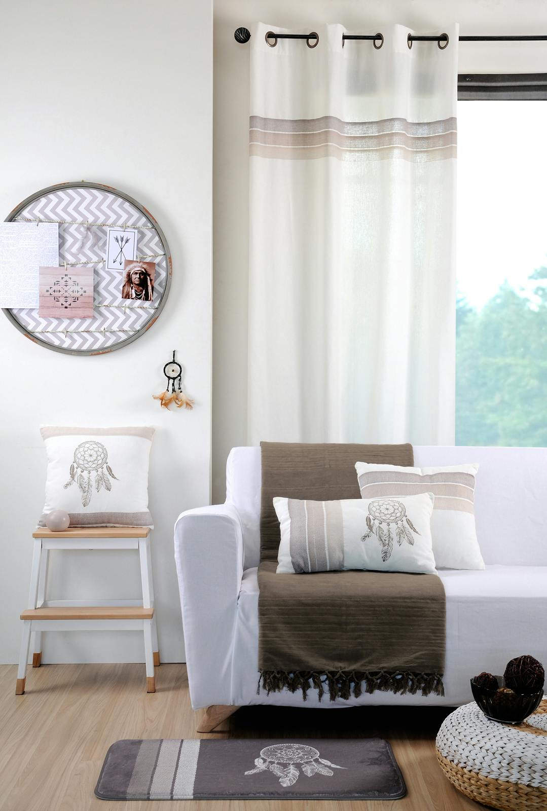 Parure de lit écrue décor Attrape-Rêves et bandes chevron 220x240 housse de couette + 2 taies 63x63 100% coton APACHE